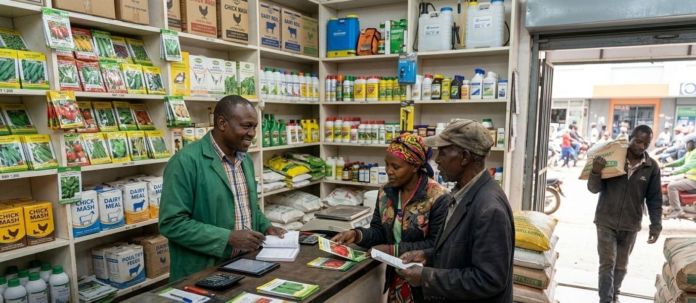 Agrovet attendant serving two farmers, with seeds, feeds and sprays on the shelves