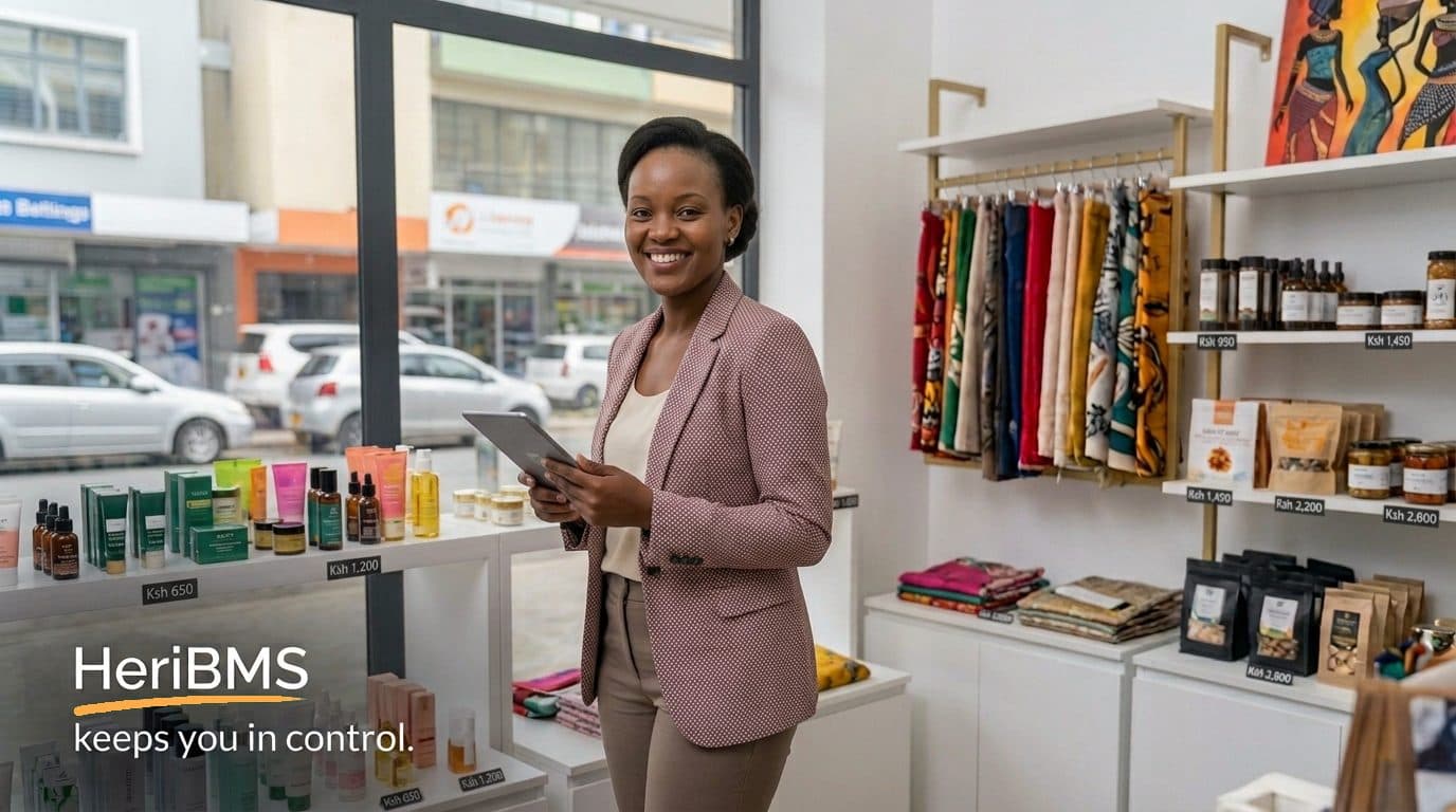 Owner of a beauty shop holding a tablet beside shelves of lotions, oils and hair products
