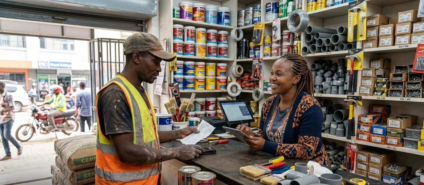 Hardware shop owner serving a fundi at the counter, with cement, paint and pipes around them