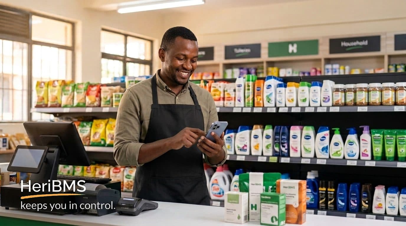 Minimart attendant checking his phone at the till, with shelves of groceries and toiletries behind him
