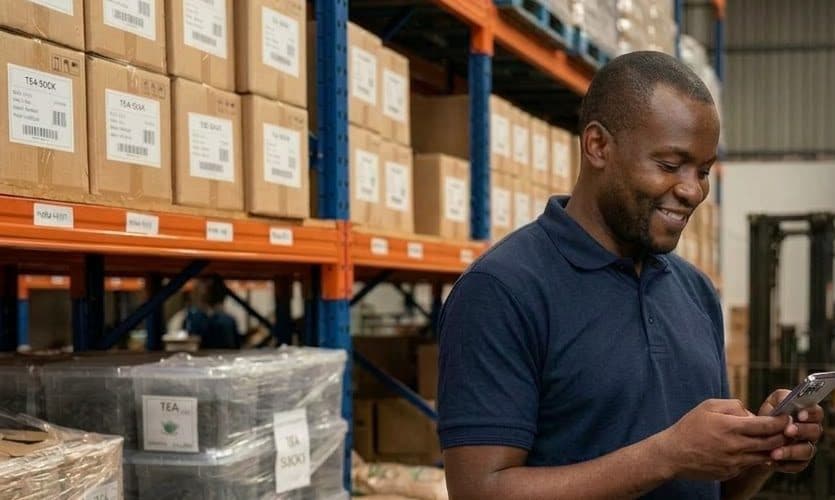 Wholesaler checking stock on his phone in a warehouse stacked with cartons and sacks