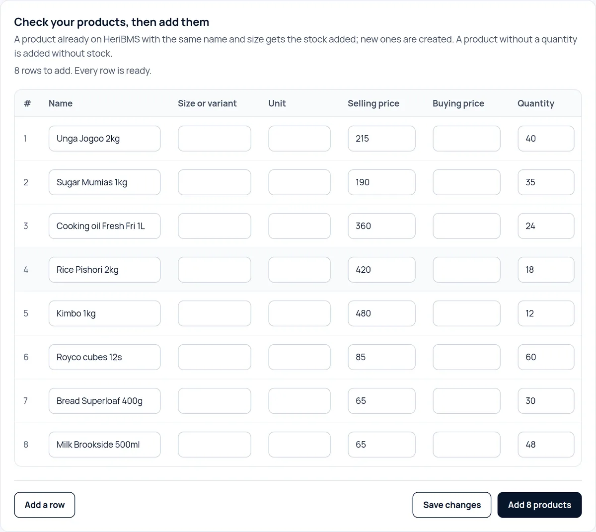 HeriBMS import screen: 8 products from a price list, with selling price and quantity, ready to add