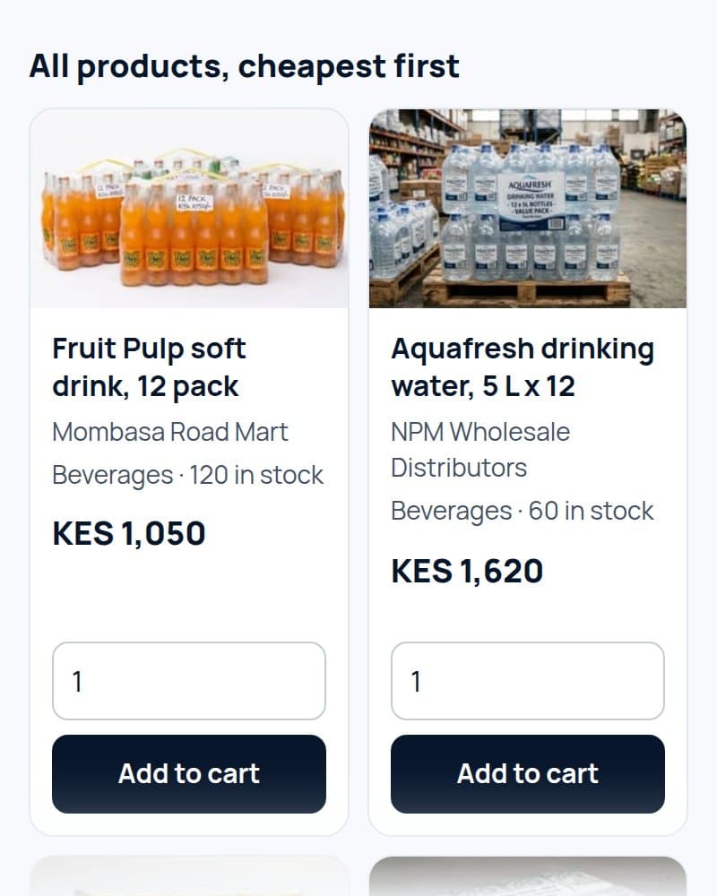 The HeriBMS marketplace: product photos from several suppliers, cheapest first, with offers and Add to cart